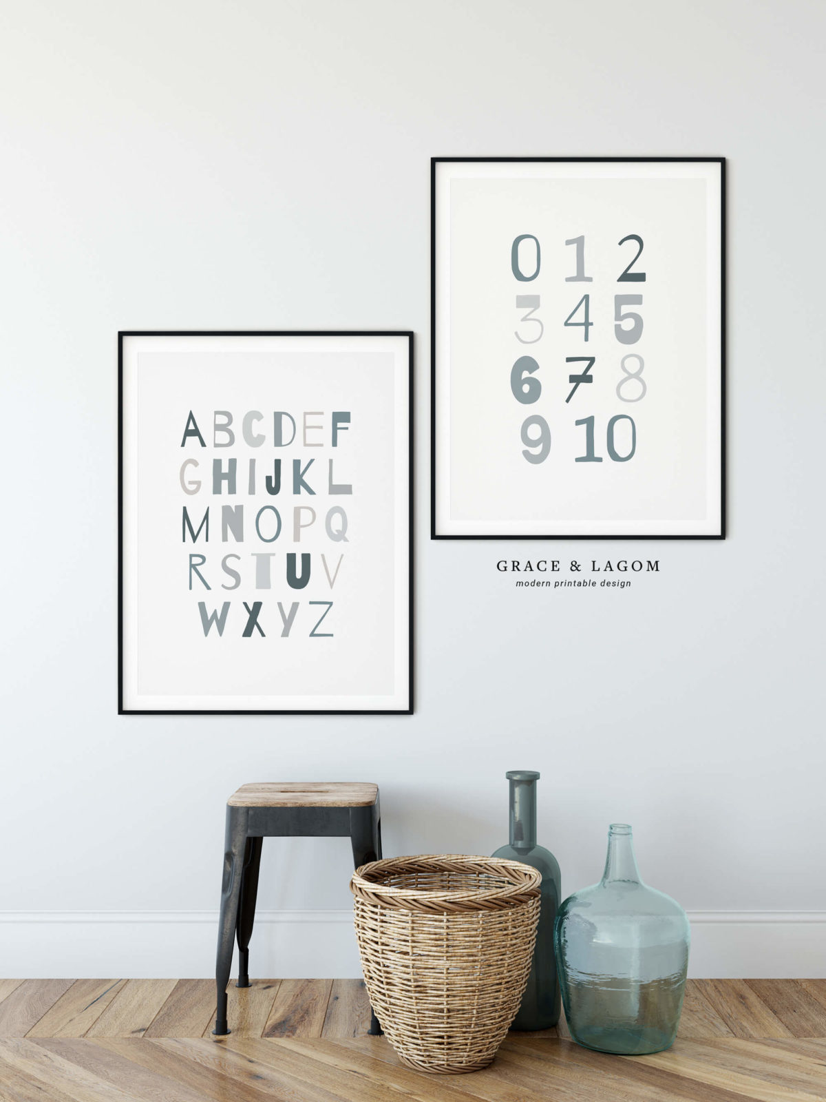Alphabet and Numbers Art Blue