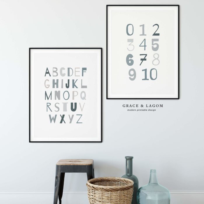 Alphabet and Numbers Art Blue | Kids Room Art | Printable Art