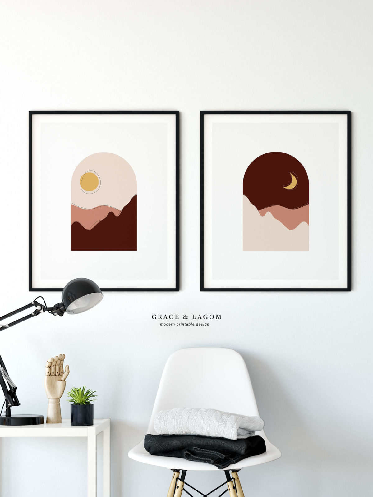 Mid Century Abstract Landscape Sun and Moon